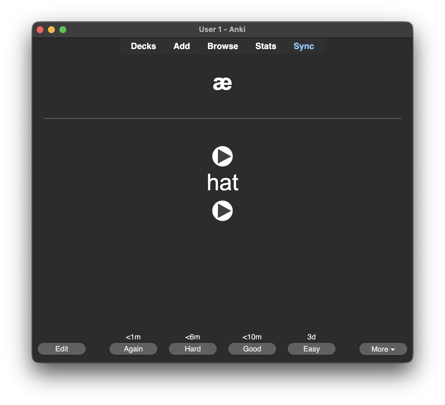 Anki card showing the IPA symbol, pronunciation audio, example word, and word audio on the back side