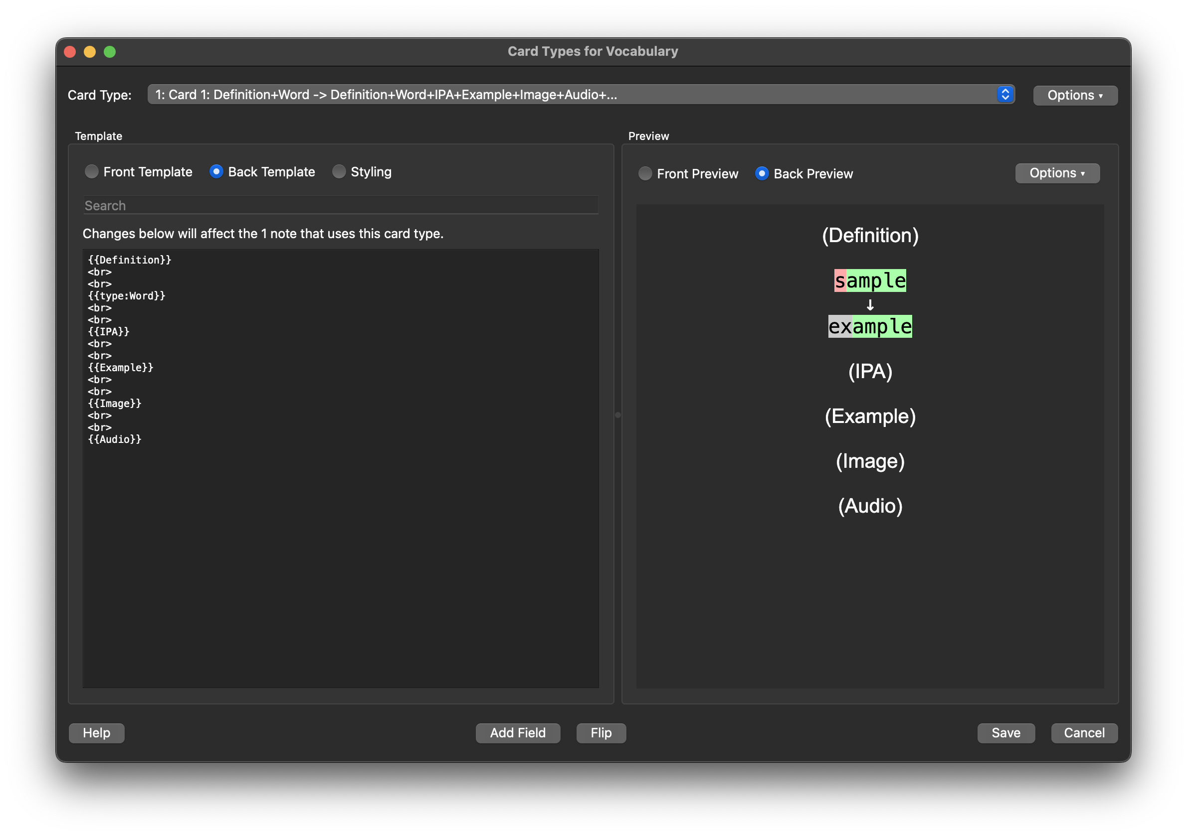 Anki Vocabulary Template Back Side Setup