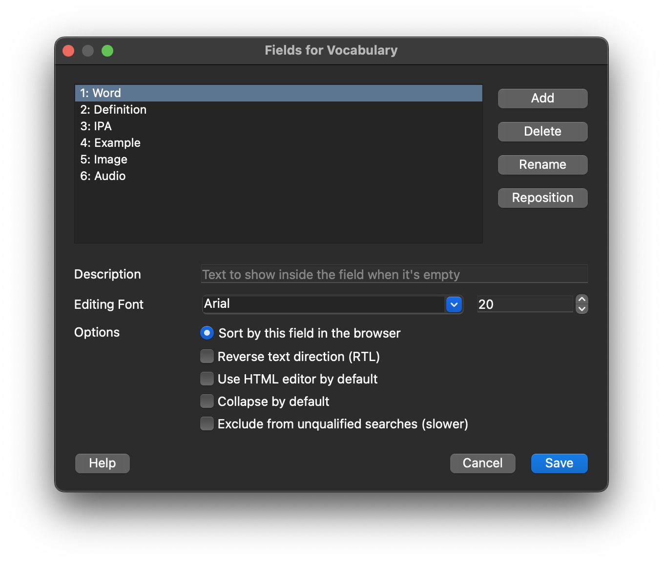 Anki Vocabulary Template Fields