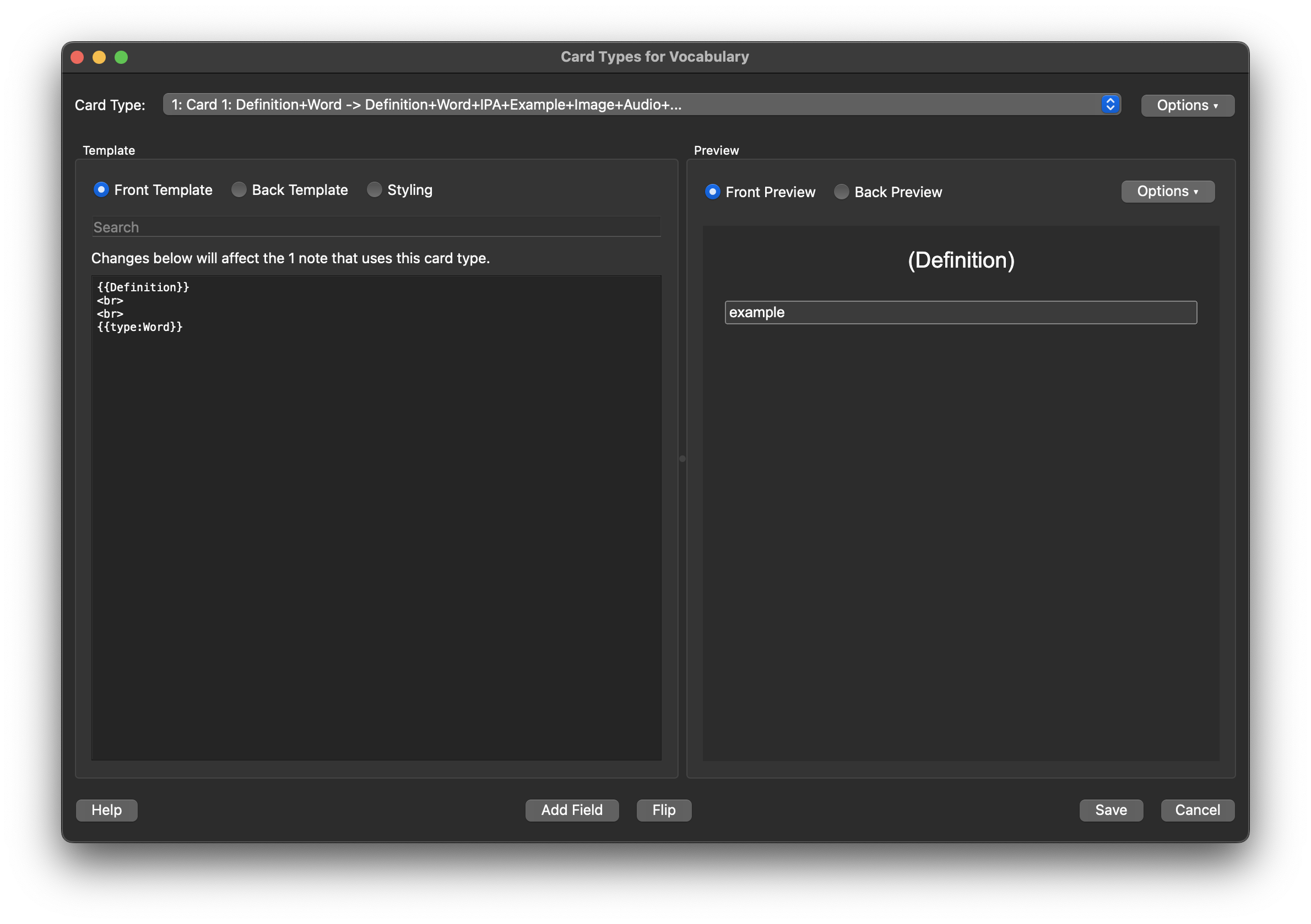 Anki Vocabulary Template Front Side Setup